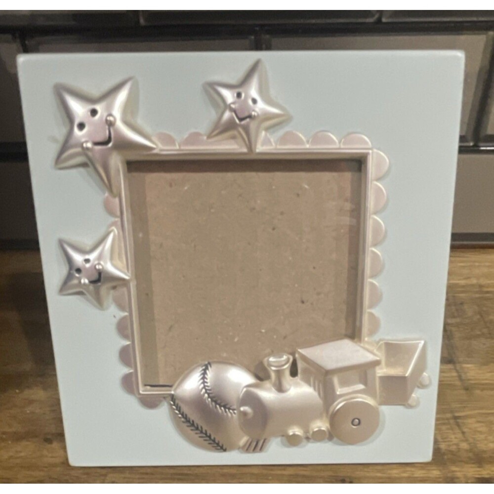 Green Tree Gallery Boys Picture Frame Light Blue Silver Stars Train Baseball